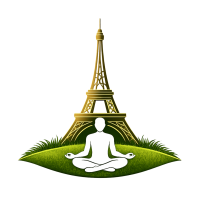 Logo hypnose in Paris représentant une tour avec une silhouette assise en tailleur en train de méditer