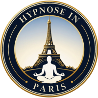 Logo hypnose in Paris représentant une tour avec une silhouette assise en tailleur en train de méditer aux pieds de la tour Eiffel