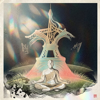 Image de la tour Eiffel sur une pelouse verte avec une silhouette assise en tailleur en train de méditer