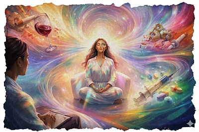 Personnage entour&eacute; de symboles des diff&eacute;rentes addictions