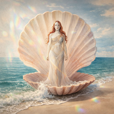 Illustration du poids idéal par un personnage feminin debout dans une coauille saint jacques sur une plage en bord de mer