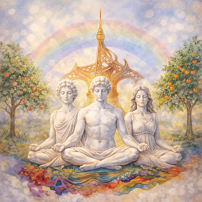 Image de trois personnages assis en tailleur méditant devant la tour Eiffel sur une pelouse verte