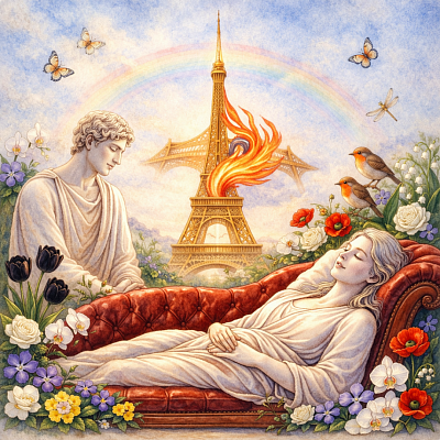 Illustration d'une consultation d'hypnose avec un personnage f&eacute;minin allong&eacute; sur un divan et un personnage masculin assis a c&ocirc;t&eacute;