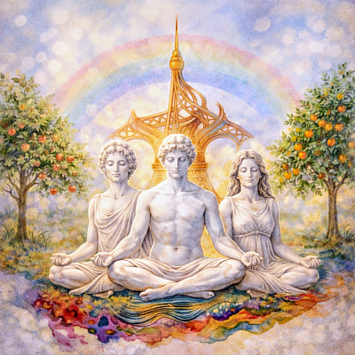 Image de trois personnages assis en tailleur méditant devant la tour Eiffel sur une pelouse verte