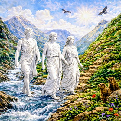 Trois personnages marchant en montagne le long d'une rivi&egrave;re